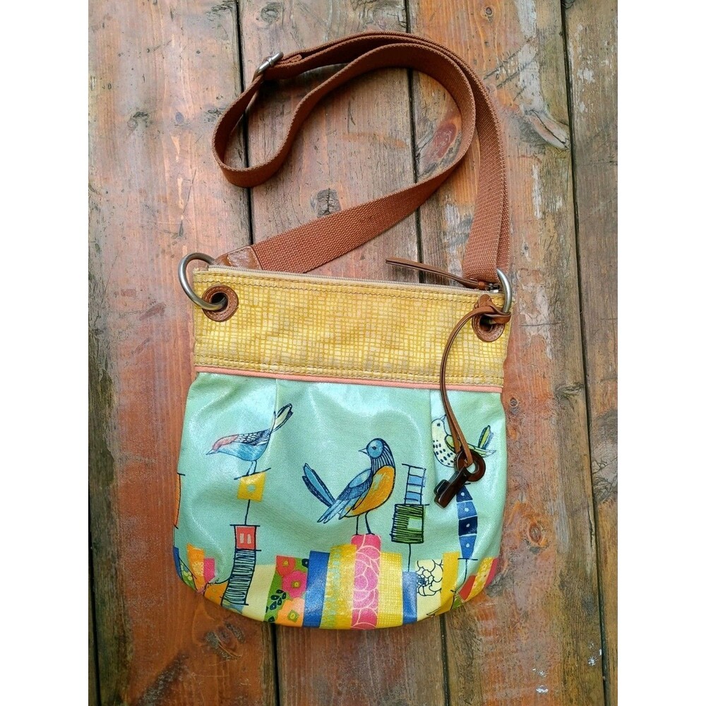 FOSSIL Key-Per Coated Canvas City Birds Artwork Bag Cross Body Boho Purse